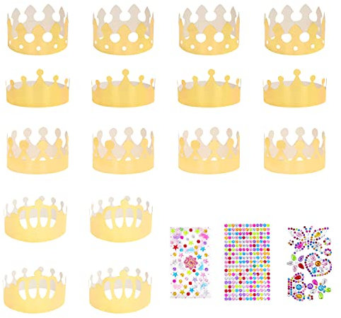ZWZNBL 16 Stück goldene Party-Papier-Kronenhüte mit 111 Stück Super-Glitzer-bunten Zahlen-Buchstaben-Diamant-Aufklebern, Königskronen-Partyhüte, Partyzubehör, Geburtstagshüte für Kinder