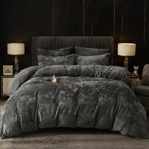 PHF Samt Bettwäsche 135x200, Luxus Flauschig Bettwäsche 135x200 cm mit 2er Kissenbezüge 80x80 cm, Kuschel Velvet Bettbezüge, Grau