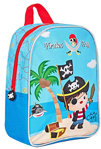 PERLETTI Zaino Bambino Stampa Pirati Compatto Azzurro Rosso - Mini Zainetto Bimbo 2 3 4 5 Anni Scuola Materna Asilo Viaggi - Cartella Piccola Bordo Catarifrangente - Dimensioni 30x24x10cm (Pirata)