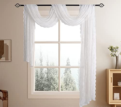 Devola Querbehang Gardine Gardinenschals mit Spitze Blumenmuster Transparent Freihanddeko Gardinen Dekoschals Vorhänge für Schlafzimmer Wohnzimmer Hochzeit BxL 75x300cm Weiß 1 Stück