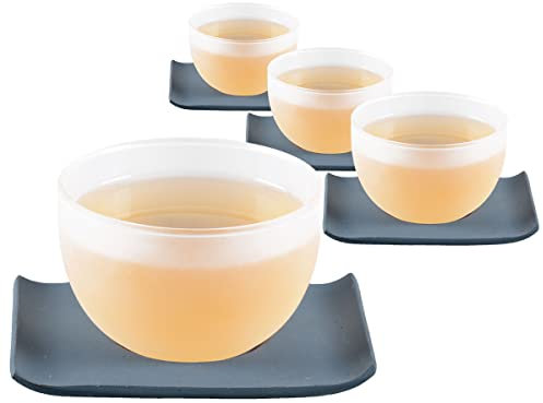 tea4chill 4 x Teetasse Glas mit Untertasse aus Gusseisen in dunkelblau, 120ml gefrostet. Traditionelles asiatisches Set Teebecher Glas mit Untertasse. Ideal Ergänzung für Gusseisen Teekanne.