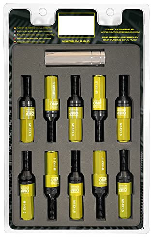 OMP SPEED Set 20 Boulons de Roue Noir avec M14X1.5 Métrique 17-19 Long Fileté 28MM avec Protecteur en Aluminium Jaune 7075 + DIN 12.9