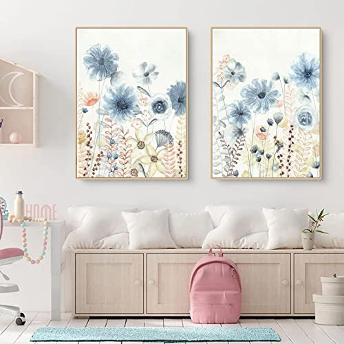 Trayosin Poster 2-teiliges Set Schlafzimmer Deko Bilder,Blau Vogel und Blume Premium Bilder, Leinwand Kunstdruck,Modern Wandbilder für Schlafzimmer und Wohnzimmer,ohne Rahmen (40x50cm,Blumen)