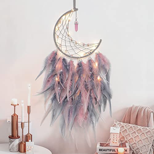 Dremisland Traumfänger mit LED Licht Handgefertigt Mond Dreamcatcher mit Federn Boho Dekoration Kinder Rosa Federn Wandbehang Ornament Macramé Kinderzimmer-Accessoires für Mädchen Kinder Geschenk