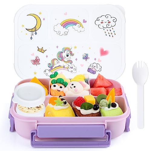 MaMix Lonchera Bento para niños, lonchera para niñas, recipientes de almuerzo para niños pequeños y adultos, escuela, 4 compartimentos, actualización, fácil de abrir (morado)