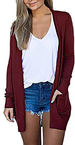 Vasreyy Jeansjacke Perlen Jacke Damen Lang Lederjacke Mit Fellkragen Frauen Einfarbig Langarm Strickmantel Offene Lang Strick Cardigan Casual High Stretchy Cardigan Jacke Italienische Mode (Red, L)