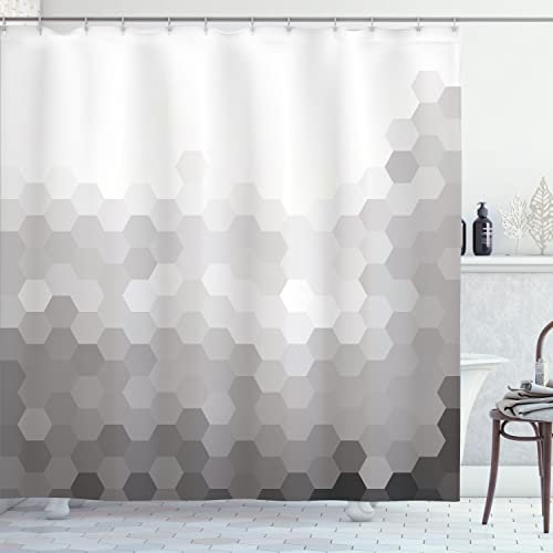 ABAKUHAUS Zeitgenössisch Duschvorhang, Verlaufstönung geometrische Digitale abstrakte Hexagon-Anzeige im modernen Stil, Stoffliches Gewebe Badezimmerdekorationsset mit Haken, 175 x 200 cm, Grau