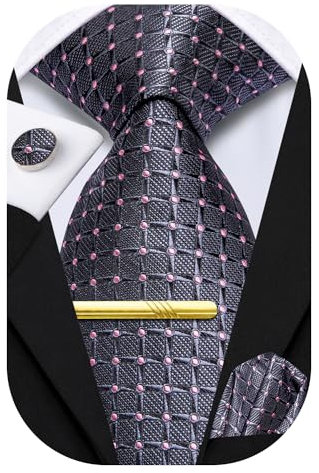 Hi-Tie Cravates pour homme - Ensemble de 4 pièces - Cravate de poche carrée - Boutons de manchette formels - Pince à cravate, Plaid gris rose, M
