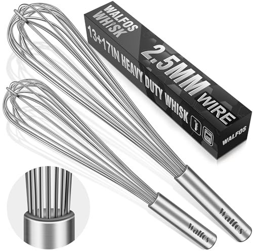 Walfos Große Schneebesen, 2er-Set, robuster Edelstahldraht, ideal zum Schlagen von Eiern, Mischen von Teig und Mischen von Saucen. (33 cm + 43,2 cm)