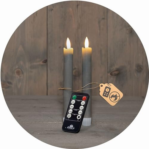 Novaliv Stabkerzen LED mit Timer TAUPE GRAU 2er indoor mit Timer Funktion 6 Stunden ECHTWACHS 18cm Höhe für Kerzen 2,2cm Durchmesser 2 AAA Batterien LED Stabkerzen flackernde Flamme bewegliche Flamme