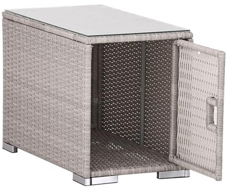 Calma Lux® Couchtisch Beistelltisch Gartentisch Teetisch Tisch Gartenmöbel Kaffeetisch Balkontisch Terrasse Abstelltisch mit Stauraum und Glassplatte 75x40x50cm Poly Rattan Glas (Beige)