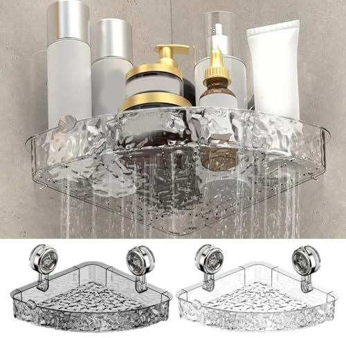 BBASILIYSD Transparentes Wandregal ohne Bohren, leichtes Luxus-Stil, Gletscher-Muster, Saugnapf-Regal, bohrfrei, abnehmbar, multifunktional, dreieckig, kein Bohren, Eckregal, für Badezimmer, Wandregal
