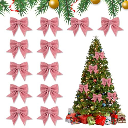 Udbrud 12 Pièces Noeuds de Ruban de Noël, 12x15cm Noeud Noel Sapin, Arcs de Noël Pailletés Noeud Decoration Noel, Scintillant Deco Sapin de Noel pour Portes, Fenêtres, Jardins (Rose)