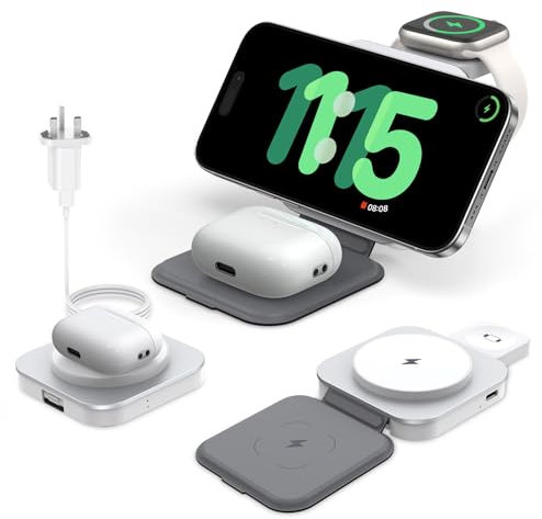 Keepro 3 in 1 Wireless Charger for MagSafe, Magnetic Foldable Travel Fast Charging Station Stand for Apple Devices iPhone 16/15/14/13/12 Series, AirPods Pro/4/3/2 & Apple Watch (Adapter Included)White