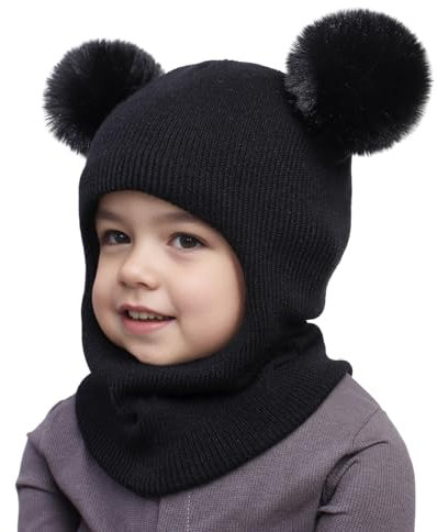 Wintermütze Kinder mit Bommel Schalmütze Fleece Gefüttert Mütze Baby Beanie Jungen Mädchen Schlupfmütze Winter Stricken Wintermütze Niedlich Weiche Strickmütze Hut für Kleinkind Kinder 2-6 Jahre