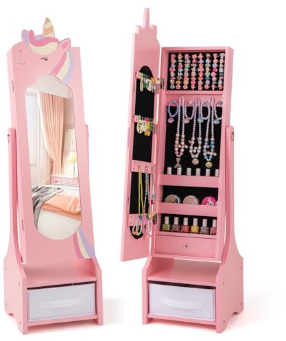 DREAMADE 2-in-1 Kinderspiegel neigungsverstellbar, Kinder-Kosmetikspiegel aus Holz, Kinder freistehender Standspiegel mit Schmuckschrank & Stoffbox für Kinder ab 3 Jahren (Rosa,Einhorn 1)