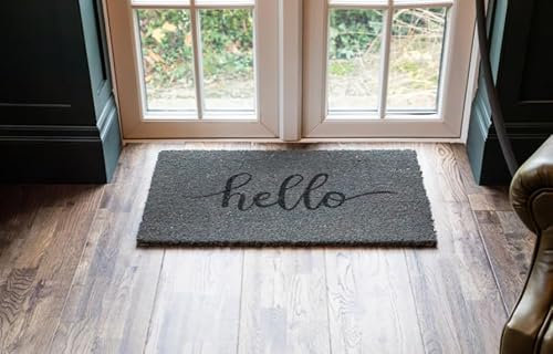 FloorPro Printed Grey & Black Novelty Hello Door Mat Indoor/Sheltered Outdoor Use 45cm x 75cm Natural Coir Welcome Mat - Decorative Print