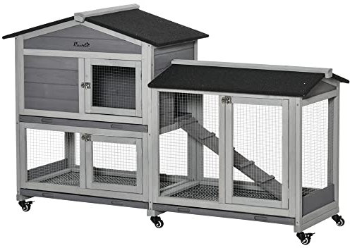 PawHut Conigliera da Esterno a 2 Livelli con 6 Ruote, Vassoio Rimovibile, Rampa e Rete Metallica, Casetta per 1-3 Conigli in Legno di Abete e Tetto in Bitume, 157.4x53x99.5 cm, Grigio