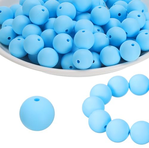 PATIKIL 100 Pcs Silicone Beads Bulk, Blue 15mm Silicone Round Focal Loose Beads for Keychain Pens Bracelets Necklace DIY Crafts Making