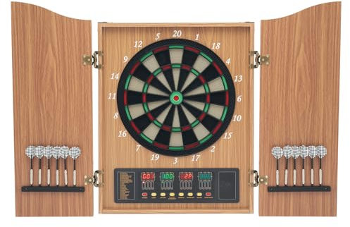 Dartautomat - Diana electrónica con ordenador de juegos, 27 juegos diferentes, 243 variantes de juego, puertas de armario de madera con 4 indicadores LED, hasta 16 jugadores, 12 dardos y 88 cabezales