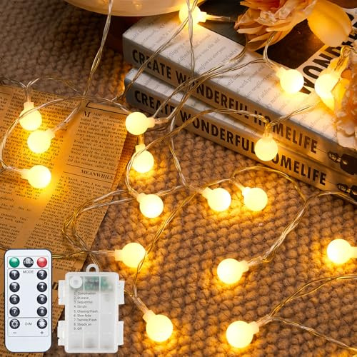 JOJOlife Globe Fairy Lights, Warm White String Lights with Remote, 6.3 m/20.6 ft, 40 LED, Battery Powered, 8 Lighting Modes, Indoor or Outdoor - Suitable for Bedroom, Garden, Christmas, Party, Wedding