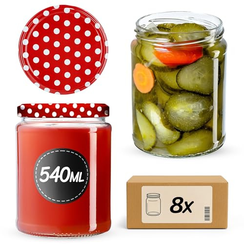 KADAX 8er Set Einmachgläser 540ml TO82 Rot gepunktet, Sturzgläser Mason Jar mit Schraubdeckel, Luftdichte Twist-off Gläser, Meal Prep, Overnight Oats, Sauerteig