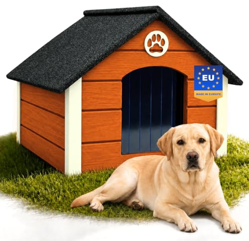 Outentin Hundehütte Outdoor Isoliert - Hundehaus für Große Hund - Winterfest und Wetterfest - Hunde Haus für Draußen mit schrägem Dach - Stabile Villa und Moderne Design - 103 x 90 x 70cm-Teak