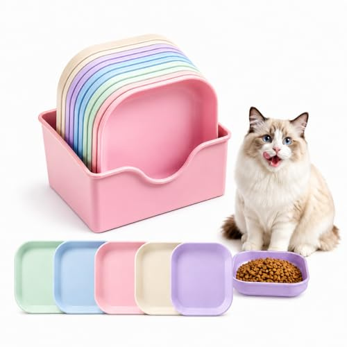 Cat Bowls, Zoenif 10 Pack Whisker Friendly Cat Dishes with Storage, Pink | Cat Food Bowls, Flat Wheat Straw Kitten Bowls for Nervous Indoor Outdoor Cat, Shallow Cat Food and Water Bowls for Wet Food