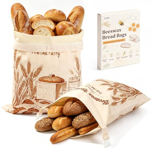 MAIJIAJU 2 Pack Beeswax Bread Bags, Reusable Linen For Sourdough Loaves | Natural Beeswax Lining Lock In Bread Freshness, Extra Large Size Fits Artisan Loaves, Eco Friendly Food Grade Cotton Material