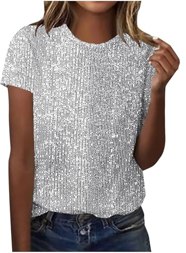 Damen Pailletten Oberteil Kurzarm Rundhals Glitzer T-Shirt Elegant Glitzerbluse Glänzendes Oberteile Fashion Tunika Party Club Disco Festliche Freizeit Glitzeroberteil