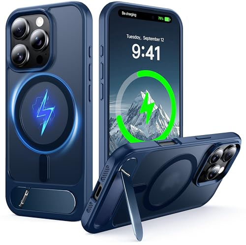 NJROW Magnetic Stand for iPhone 16 Pro Max Case Compatible with MagSafe [Stand & Wireless Charging 2in1] [Flush Hidden Kickstand] [Military Shockproof] Slim Translucent Matte Silicone, Blue