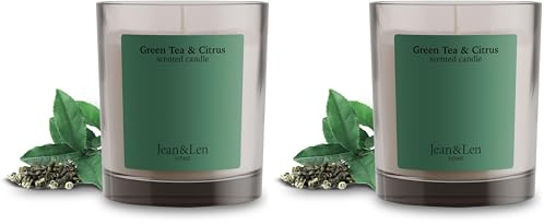 Jean & Len Scented Candle Green Tea & Citrus, hergestellt mit Sheabutter, Brenndauer ca. 40 Stunden, minimalistisches Design, frischer Duft, vegan, 195 g (Packung mit 2)
