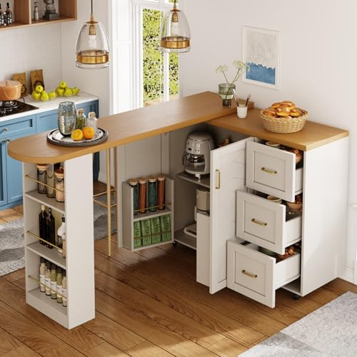 KOMHTOM Table de Bar Extensible avec Espace de Rangement, Meuble Bar avec 2 Portes en Verre, Rotation Libre à 360 °, étagères latérales (Blanc-7)