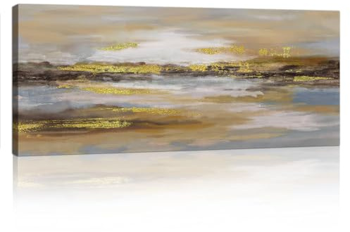 Abstrakt Neutral Großes Leinwand Bilder Mit Rahmen Minimalistisch Goldfarben Braun Bild Auf Leinwand Wandkunst Modern Nordisch Grau Blau Wandbilder Kunstdruck Deko für Wohnzimmer Schlafzimmer 120x50cm