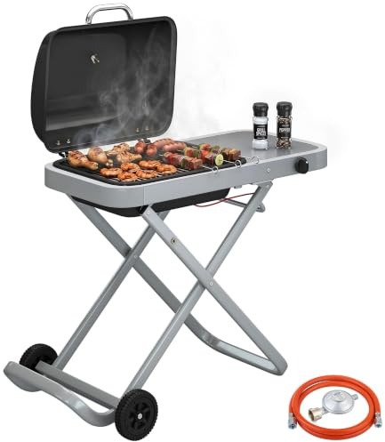 Outsunny Barbacoa de Gas Plegable Portátil con Quemador 2,5 kW Negro | Termómetro, Mesa Lateral, Parrilla de Hierro Fundido, Recogedor Grasa, 2 Ruedas, Jardín, Camping