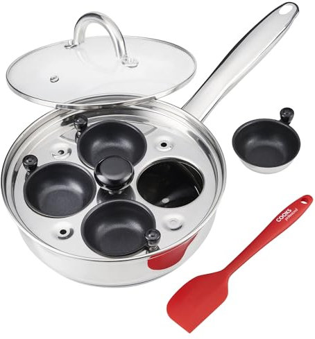 Cooks Professional 4 Cup Stainless Steel Egg Poacher Pan with Glass Lid, Non-Stick Coating & Stay Cool Handles | Versatile Egg Poaching or Sauté Cooking Pan | Suitable for All Hobs Inc Induction