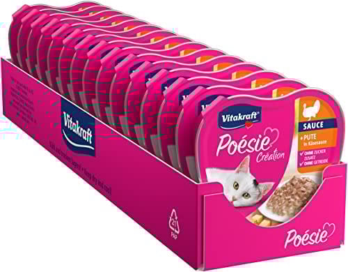 Vitakraft Poésie Création, Nassfutter Katze, Katzennassfutter in Sauce, mit Pute in Käsesauce, Vorratspackung, ohne Zusatz von Zucker und Getreide (15x 85g)