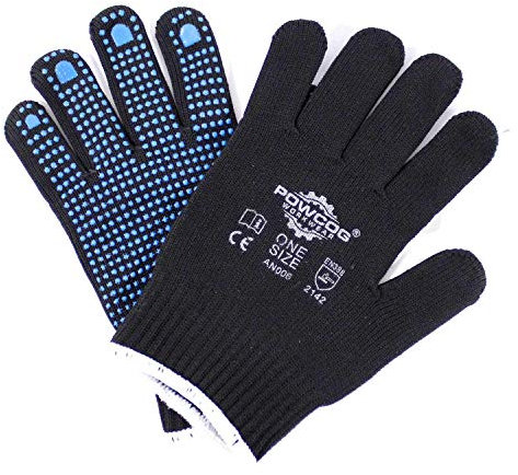 POWCOG Grip Gloves, Seamless Lightweight Black Washable 10-Gauge Nylon with Blue PVC Gripper Dots for Gardening, Work, Warehouse, Shelf Filling, One Size Fits All