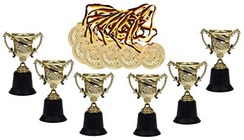 KSS 6 X Gold Pokal groß ca 15 cm ! und 6 X Medaille Gold Durchmesser ca 6 cm ! mit schwarz rot Gold Band für Kindergeburtstag Party Mitgebsel Mitbringsel Verlosung Tombola kleine Preise usw...