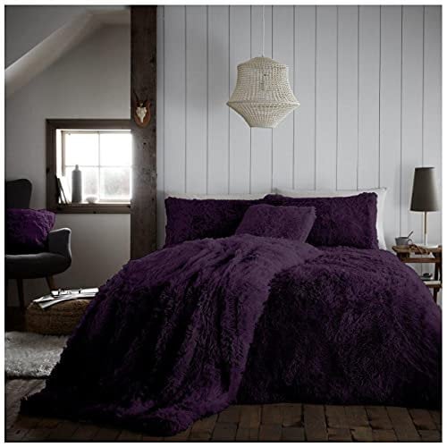 GC GAVENO CAVAILIA Teddy Fleece Long Pile Duvet Set Faux Fur Cuddles Quilt Hug Snug Fluffy Bedding Set With Pillowcases, Double, Purple