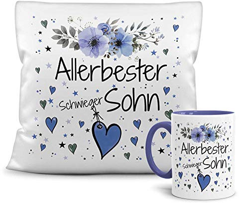 PR Print Royal Geschenk-Set aus Tasse und Kissen mit Füllung - Allerbester Schwiegersohn - Persönliche Geschenkidee für Beste Freunde, Verwandte und Familie - weiß/blau