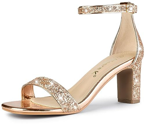 Allegra K Sandali da donna con tacco grosso e cinturino alla caviglia glitter, Oro rosa, 38.5 EU
