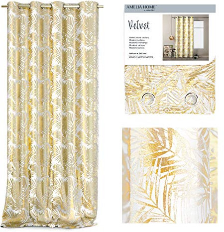 AmeliaHome Vorhang Velvet Optik 140x245 cm 1 St. Ösenschal Samt Fensterdekoration Dekoschal Blättermuster Goldenleaves weiß Gold