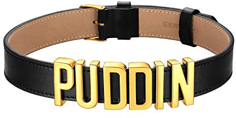FOCALOOK Damen PU Leder Choker Kette goldfarben Metall Buchstaben PUDDIN kurze Halskette 19mm breit Gotik Punk Collier Accessoire Modeschmuck für Party