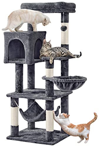 Yaheetech 130.5cm Cat Tree Cat Tower with Large Top Perch&Condo Climbing Play Center w/Scratching Posts/Basket/Hammock Dark Grey