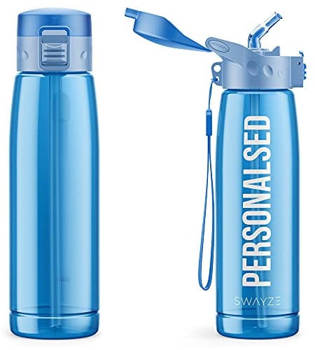 Personalised Water Bottle With Straw 660ml, School Water Bottles Boys Girls, Gym Bottle Bpa Free Cycling Sports Add Your Custom Text To Bottle (Blue)