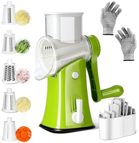 Almcmy Rotary Cheese Grater, 5 in 1 Mandoline Vegetables Slicer with 5 Replaceable Stainless Steel Drum Blades, Cheese Shredder Nut Grinder with Storage Box