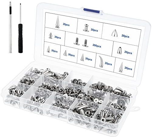 Coolty 10 Stil Punk Nieten Kegel Spike Nieten Spitz Killernieten Punk Ziernieten Leder Nieten für DIY Leder Handwerk Accessoires Kleidung Schuhe Tasche Gürtel Jacke Dekoration, Siber, 200Set