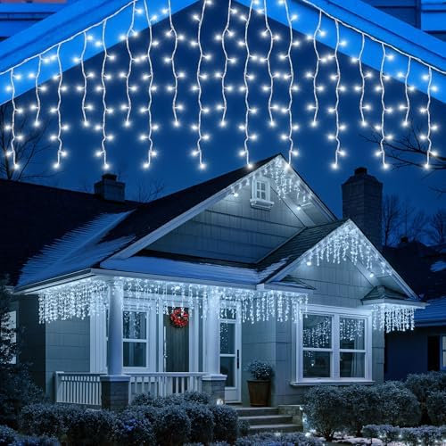 CUQOO 9m Christmas Icicle Lights – 240 Cool White LEDs, Snowy White Cable, 8 Lighting Modes, Energy Class A - Waterproof Low Voltage Outdoor Christmas Lights Icicle & Indoor Holiday Décor