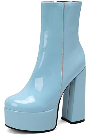 Lizoleor Donna Punta Rotonda Vernice Polacchine Tacco Chunky Inverno Festa Moda Plateau Stivaletti Pelle Lined Side Zip Blu Numero 37 EU/38Cn